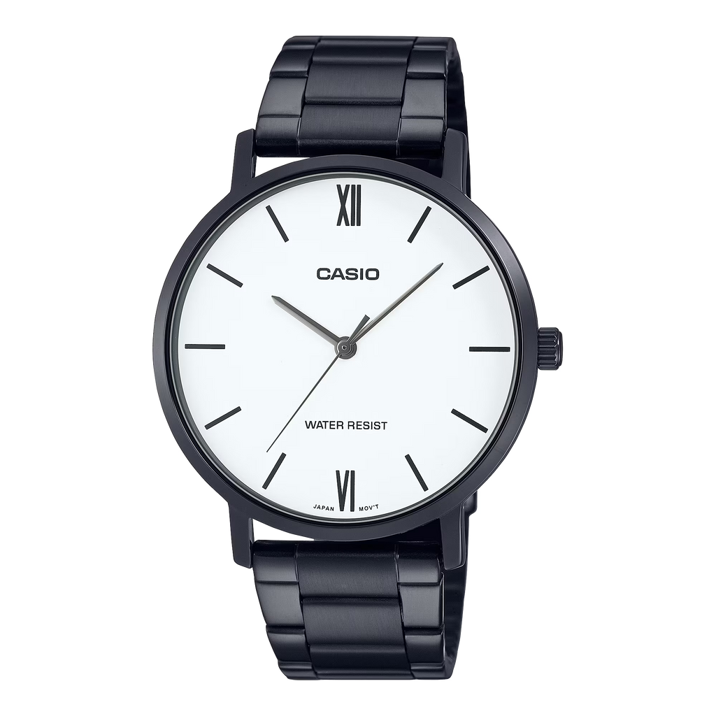 Reloj de pulsera con correa de Acero inoxidable Negro con esfera de color Blanco con estilo Clásico resistencia al agua de 30 metros