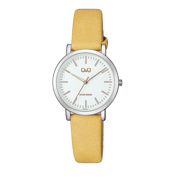 Reloj de pulsera con correa de Cuero Amarillo con esfera de color Blanco con estilo Fashion resistencia al agua de 30 metros