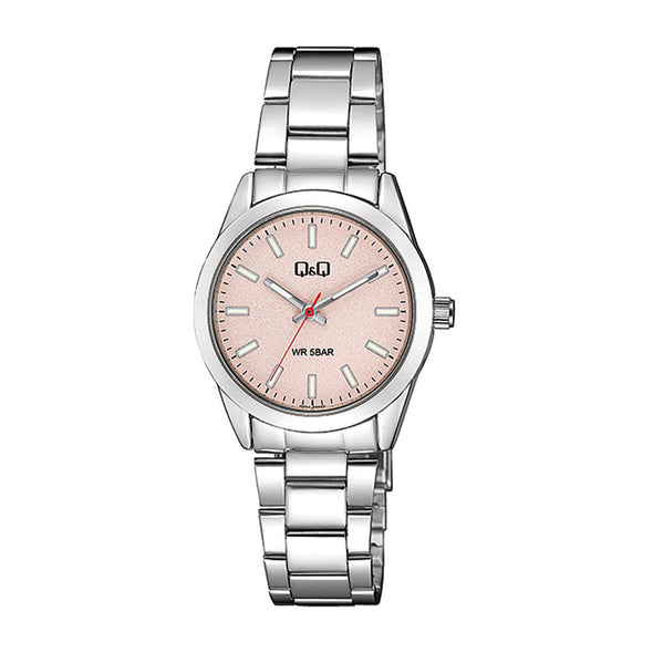 Reloj de pulsera con correa de Acero inoxidable Plateado con esfera de color Rosado con estilo Fashion resistencia al agua de 50metros