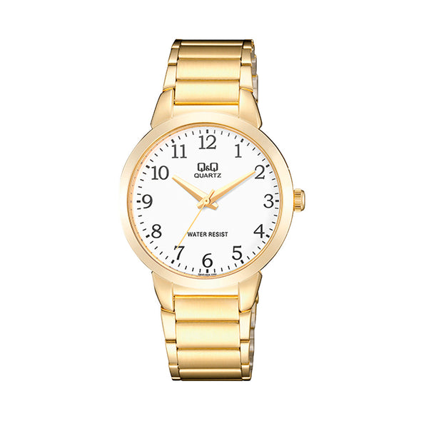 Reloj de pulsera con correa de Acero Inoxidable Dorado con esfera de color Blanco con estilo Fashion resistencia al agua de 30 metros