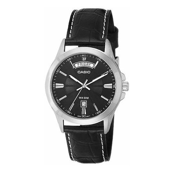 Reloj de pulsera con correa de Cuero Negro con esfera de color Blanco con estilo Clásico resistencia al agua de 50metros