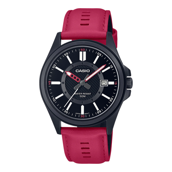 Reloj de pulsera con correa de Cuero Rojo con esfera de color Negro con estilo Clásico resistencia al agua de 50metros