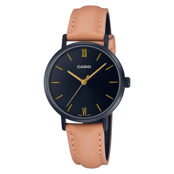 Reloj de pulsera con correa de Cuero café con esfera de color Negro con estilo Clásico resistencia al agua de 30 metros