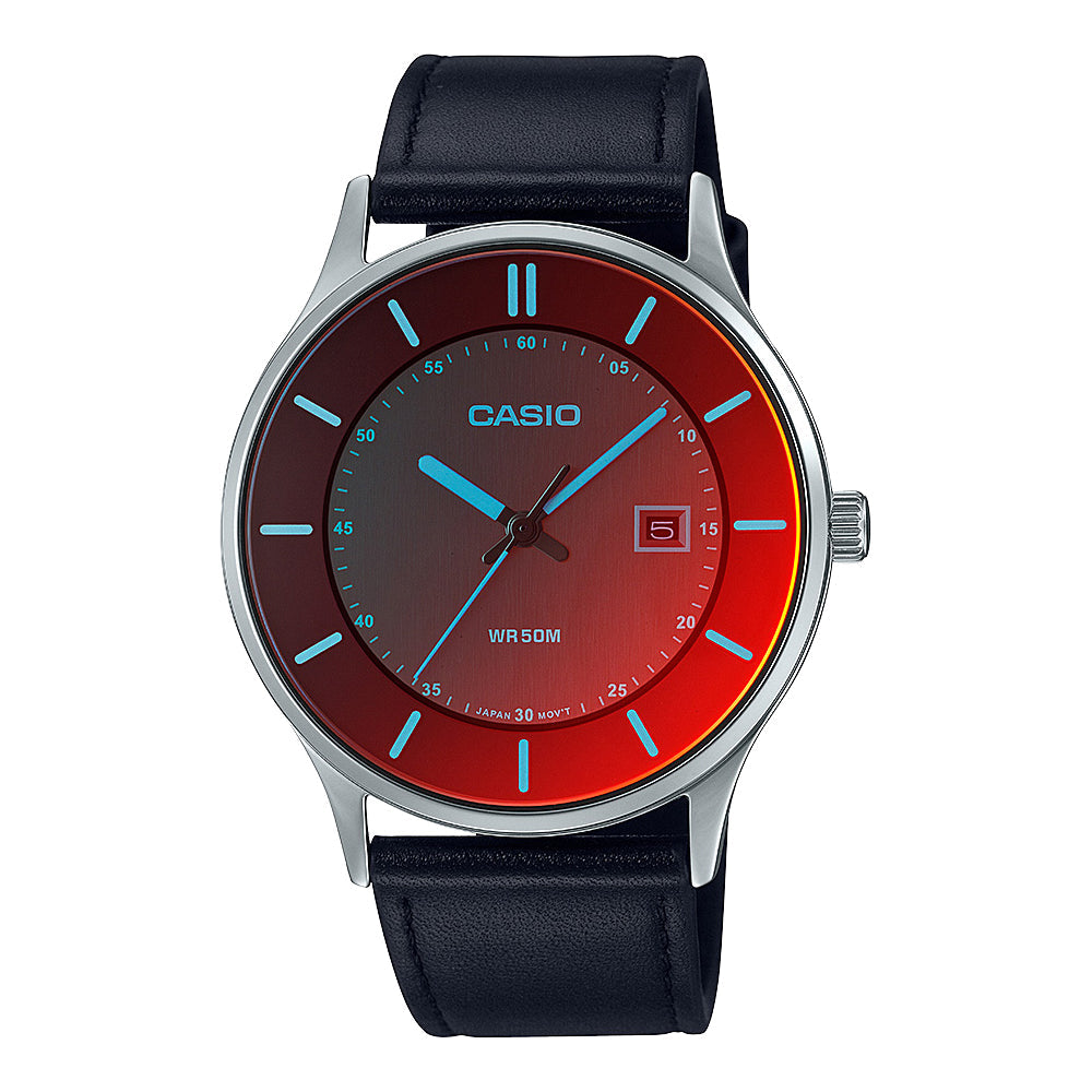Reloj de pulsera con correa de Cuero Plateado con esfera de color Rojo Negro con estilo Clásico resistencia al agua de 50metros