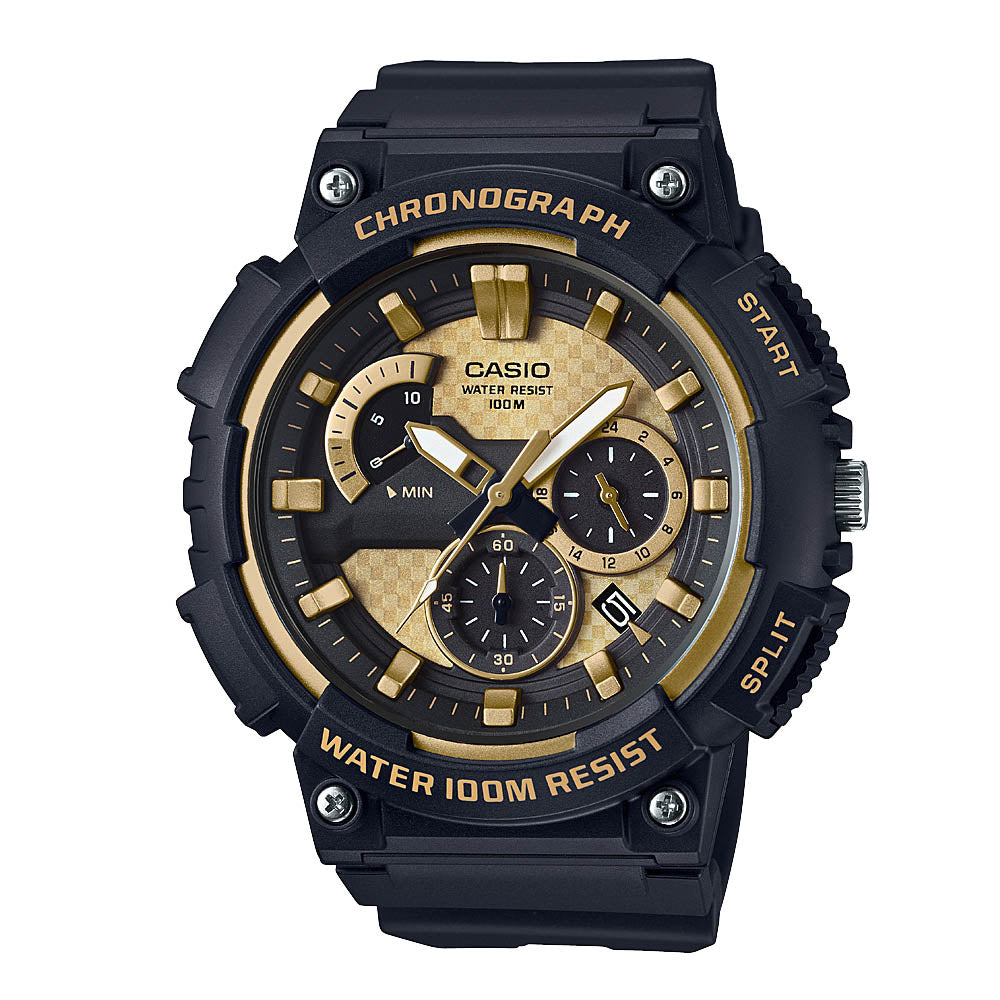 Reloj de pulsera con correa de Resina Negro con esfera de color Dorado con estilo Deportivo resistencia al agua de 100metros