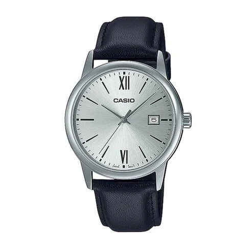 Reloj de pulsera con correa de Cuero Negro con esfera de color Plateado con estilo Clásico resistencia al agua de 30 metros