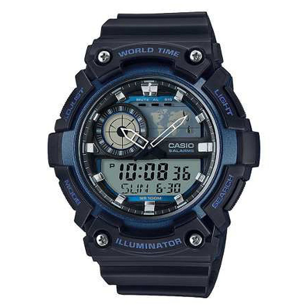 Reloj de pulsera con correa de Resina Negro con esfera de color Azul con estilo Deportivo resistencia al agua de 100metros