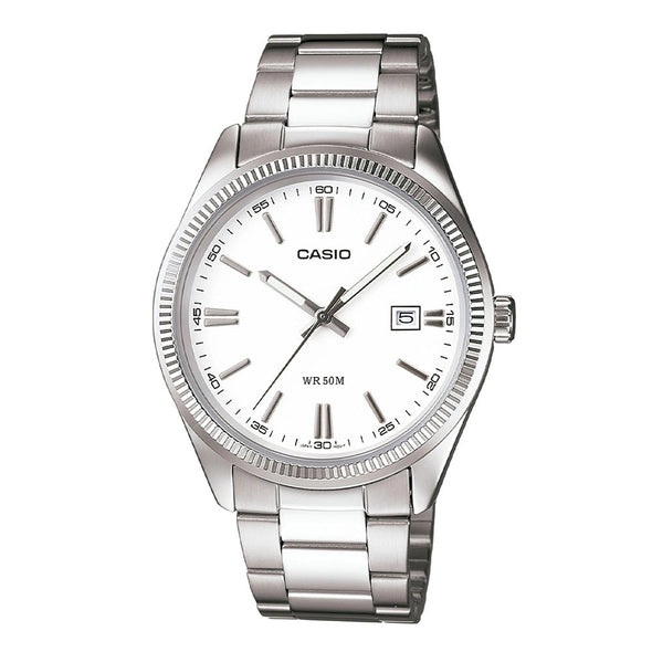 Reloj de pulsera con correa de Acero inoxidable Plateado con esfera de color Blanco con estilo Clasico resistencia al agua de 50metros