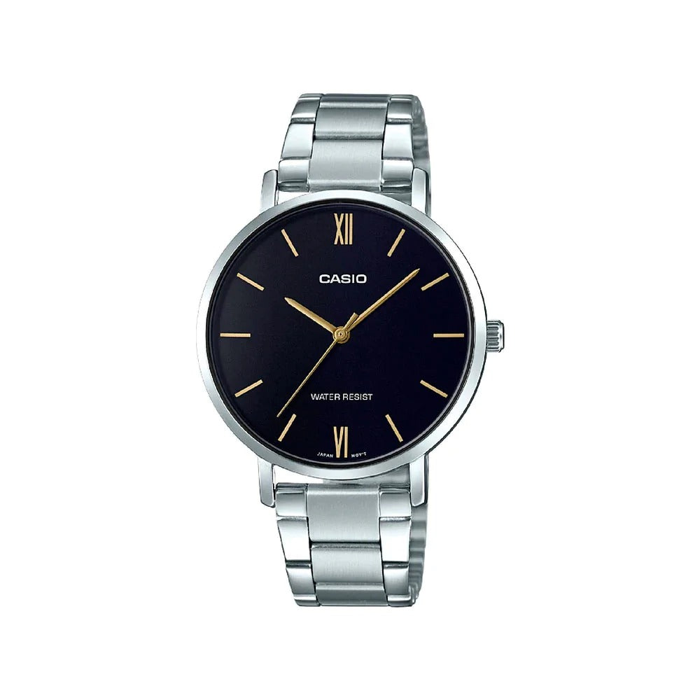 Reloj de pulsera con correa de Acero inoxidable Plateado con esfera de color Negro con estilo Clásico resistencia al agua de 30 metros