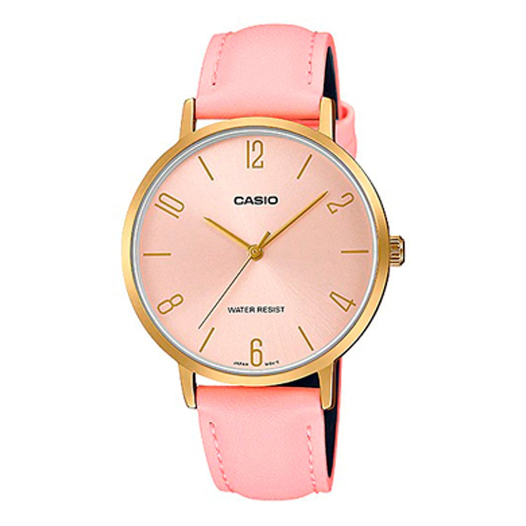 Reloj de pulsera con correa de Cuero Rosado con esfera de color Rosado con estilo Clásico resistencia al agua de 30 metros
