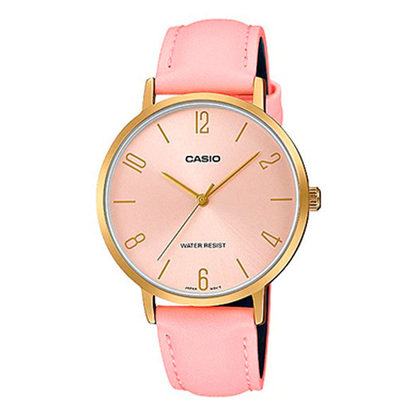 Reloj de pulsera con correa de Cuero Rosado con esfera de color Rosado con estilo Clásico resistencia al agua de 30 metros