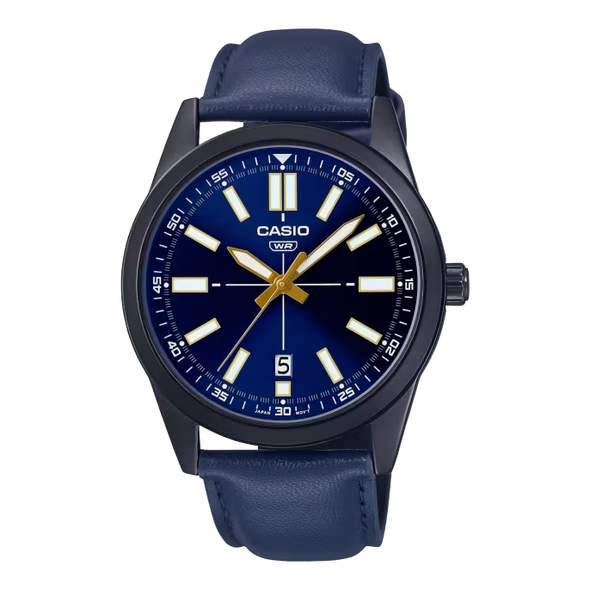 Reloj de pulsera con correa de Cuero Azul con esfera de color Azul con estilo Clásico resistencia al agua de 30 metros