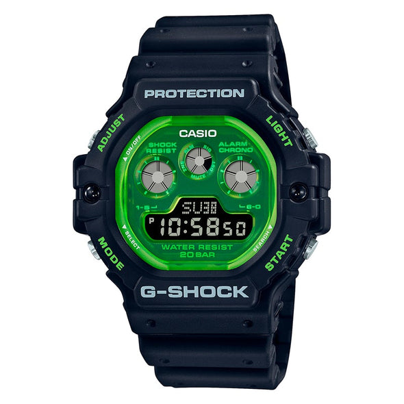Reloj de pulsera con correa de Resina Negro con esfera de color Verde con estilo Fashion resistencia al agua de 200metros
