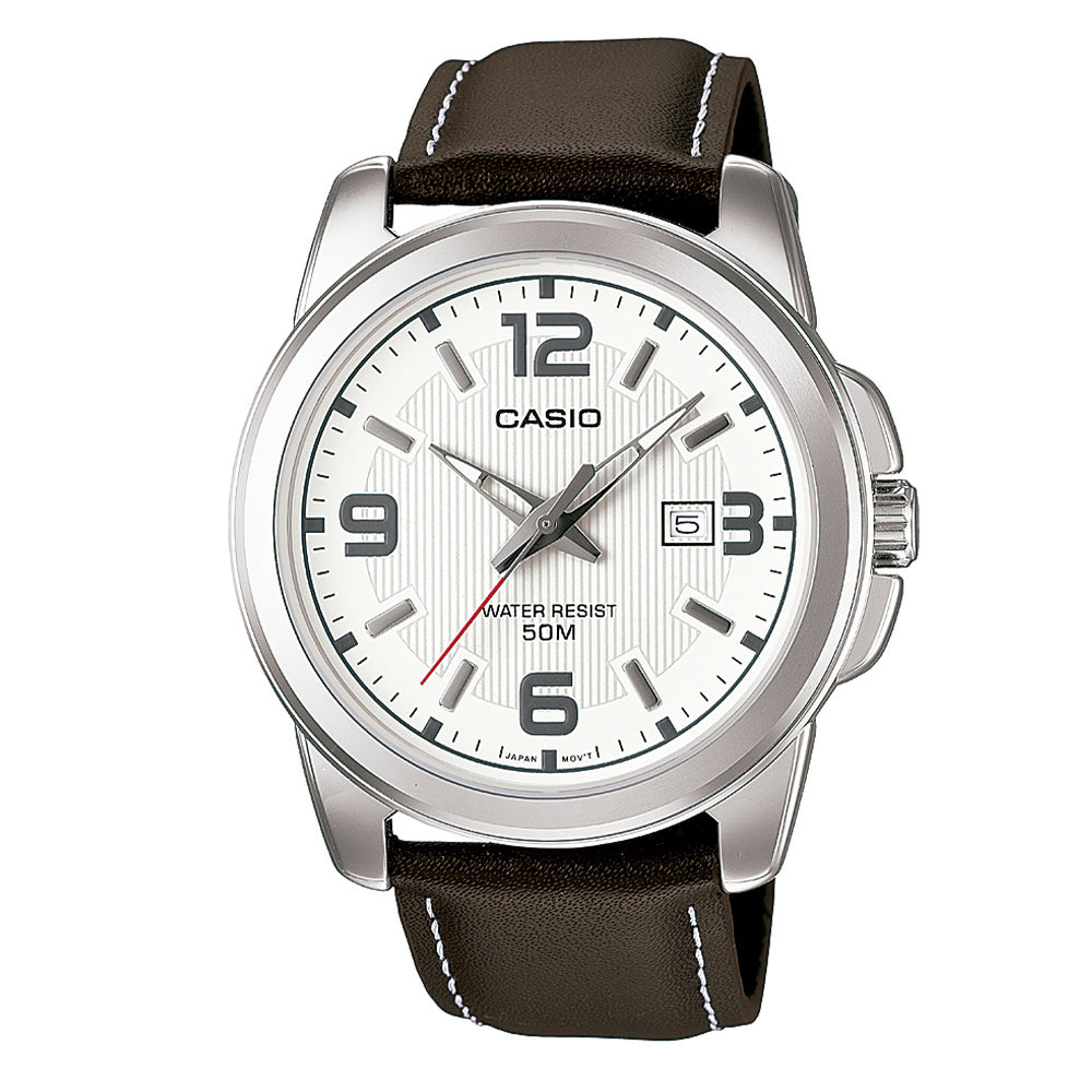 Reloj de pulsera con correa de Cuero Café con esfera de color Blanco con estilo Clásico resistencia al agua de 50metros