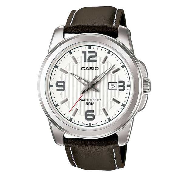 Reloj de pulsera con correa de Cuero Café con esfera de color Blanco con estilo Clásico resistencia al agua de 50metros
