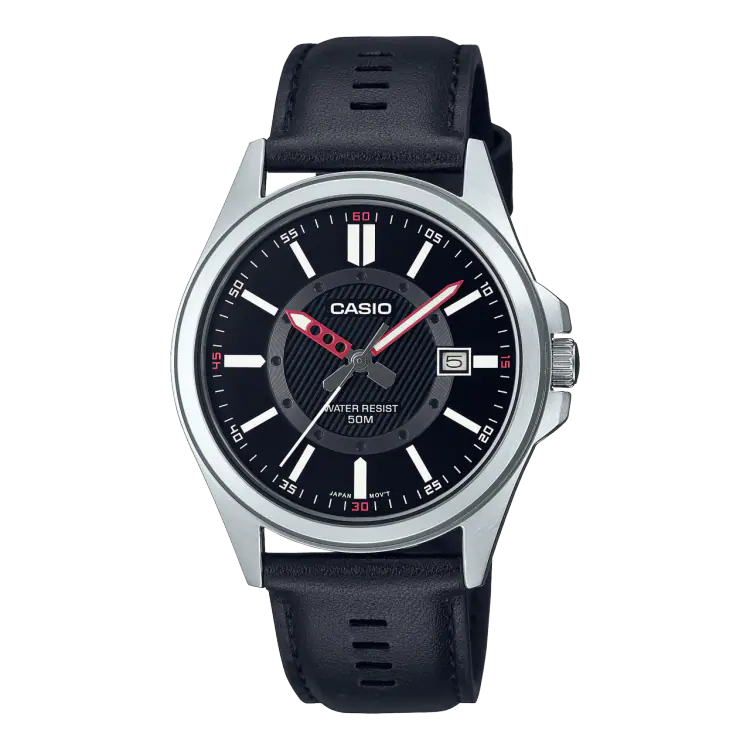 Reloj de pulsera con correa de Cuero negro con esfera de color Negro con estilo Clásico resistencia al agua de 50metros
