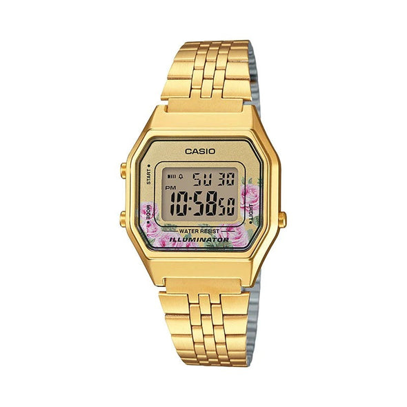 Reloj de pulsera con correa de Acero inoxidable Dorado con esfera de color Rosado con estilo Vintage resistencia al agua de 30 metros