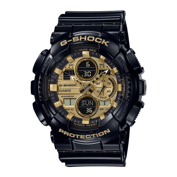 Reloj de pulsera con correa de Resina Negro con esfera de color Dorado con estilo Urbano resistencia al agua de 200metros