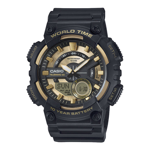 Reloj de pulsera con correa de Resina Negro con esfera de color Dorado con estilo Deportivo resistencia al agua de 100metros