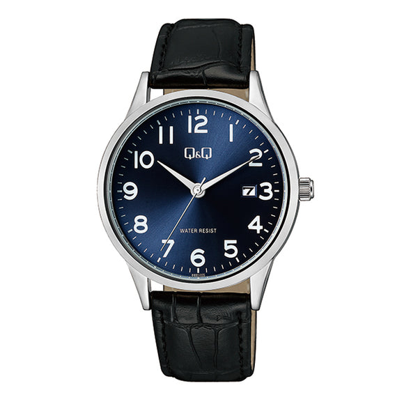 Reloj de pulsera con correa de Cuero Negro con esfera de color Azul con estilo Clásico resistencia al agua de 30 metros