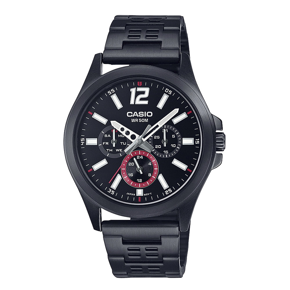 reloj analogo negro totalmente correa y cuerpo de acero inoxidable, con detalles en dial blancos y rojos en manecillas