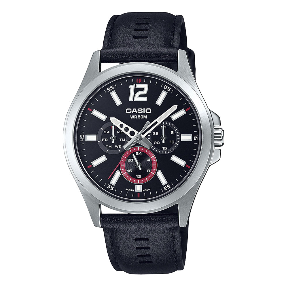 Reloj de pulsera con correa de Cuero Negro con esfera de color Negro con estilo Deportivo resistencia al agua de 50metros